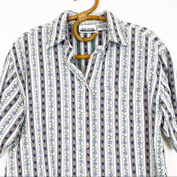 Vintage | Zig Zag | Floral Stripe Short Sleeve Button Front Shirt Size M - Picture 2 of 7